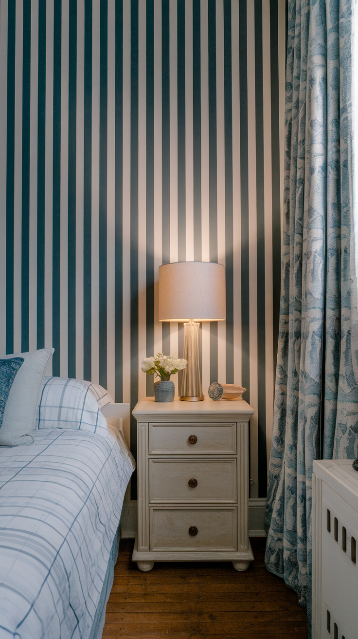 A small bedroom with vertical striped walls, a lamp on a nightstand, and soft bedding.