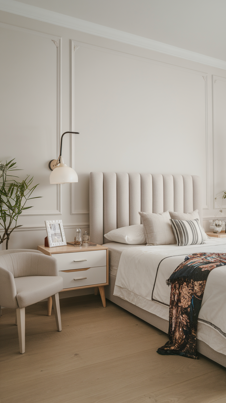 A beautifully designed minimalist bedroom with an upholstered bed and stylish nightstand.