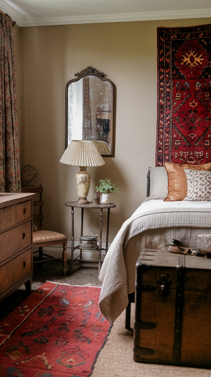 Cozy vintage bedroom with warm colors and charming accents