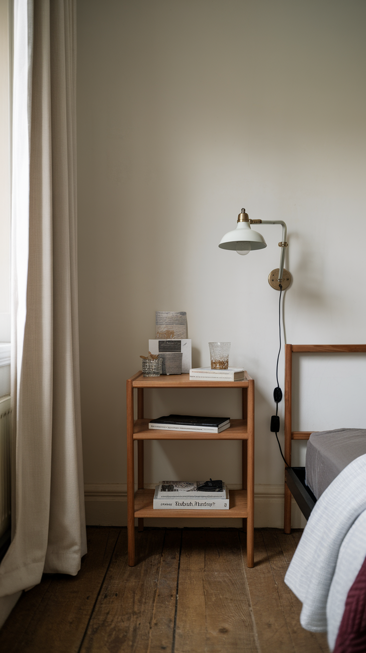 A cozy bedroom corner featuring a small nightstand with books and a lamp beside a bed.