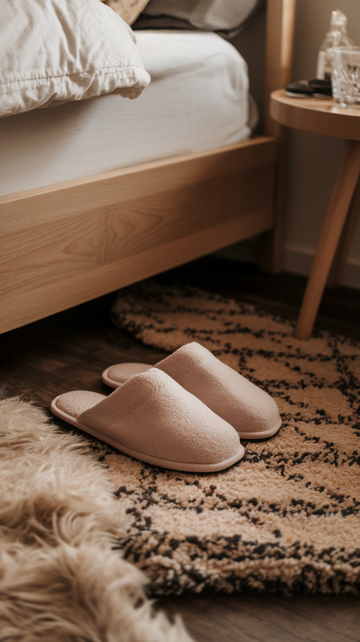 Cozy slippers on a patterned rug beside a bed in a warm bedroom setting.