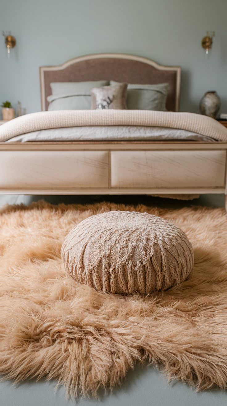 A cozy bedroom featuring a fluffy area rug with a round knitted pillow.