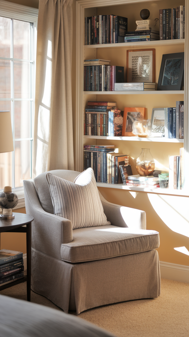 Cozy reading corner with a comfortable chair and a bookshelf filled with books