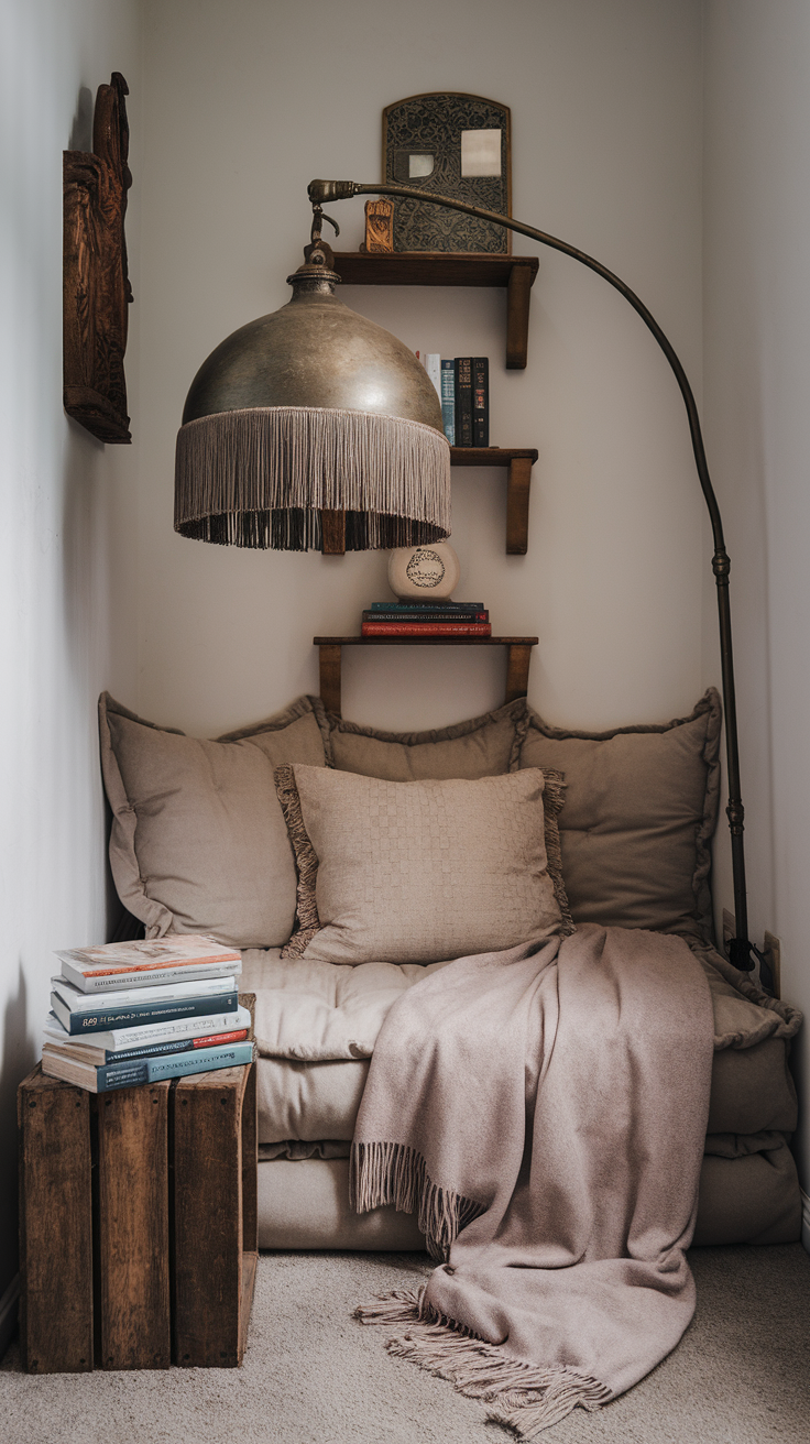 A cozy reading nook with cushions, a soft blanket, a stylish lamp, and books on a wooden crate.