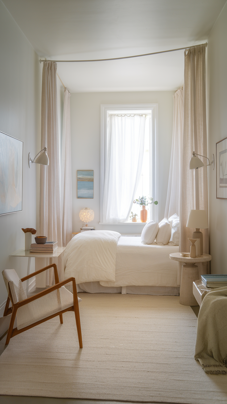 A cozy small bedroom with light colors, decorated with soft textiles and natural light.