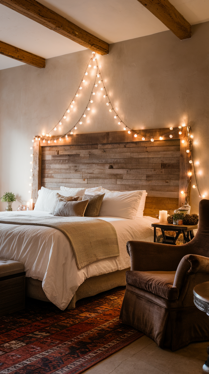 A cozy bedroom with string lights draped over a wooden headboard, featuring soft bedding and warm colors.