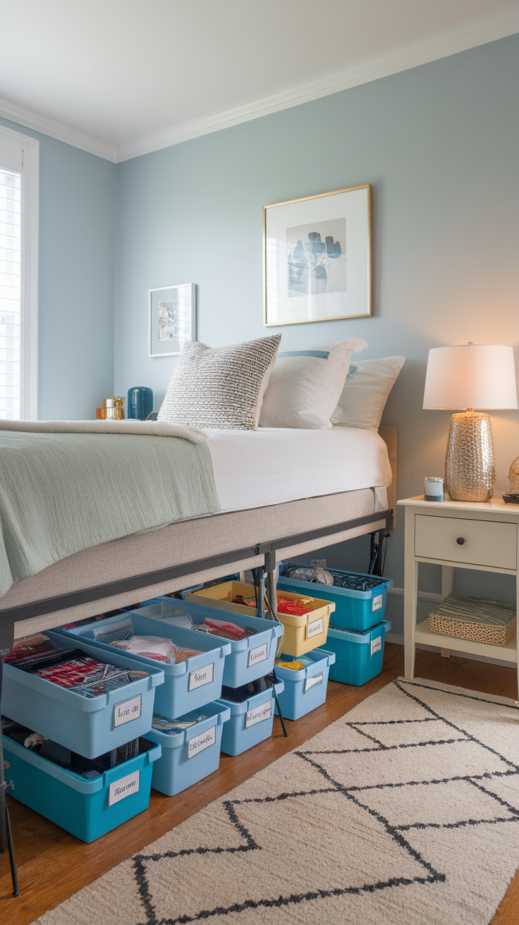 A bedroom with under-bed storage bins organized neatly, featuring a cozy bed and soft decor.