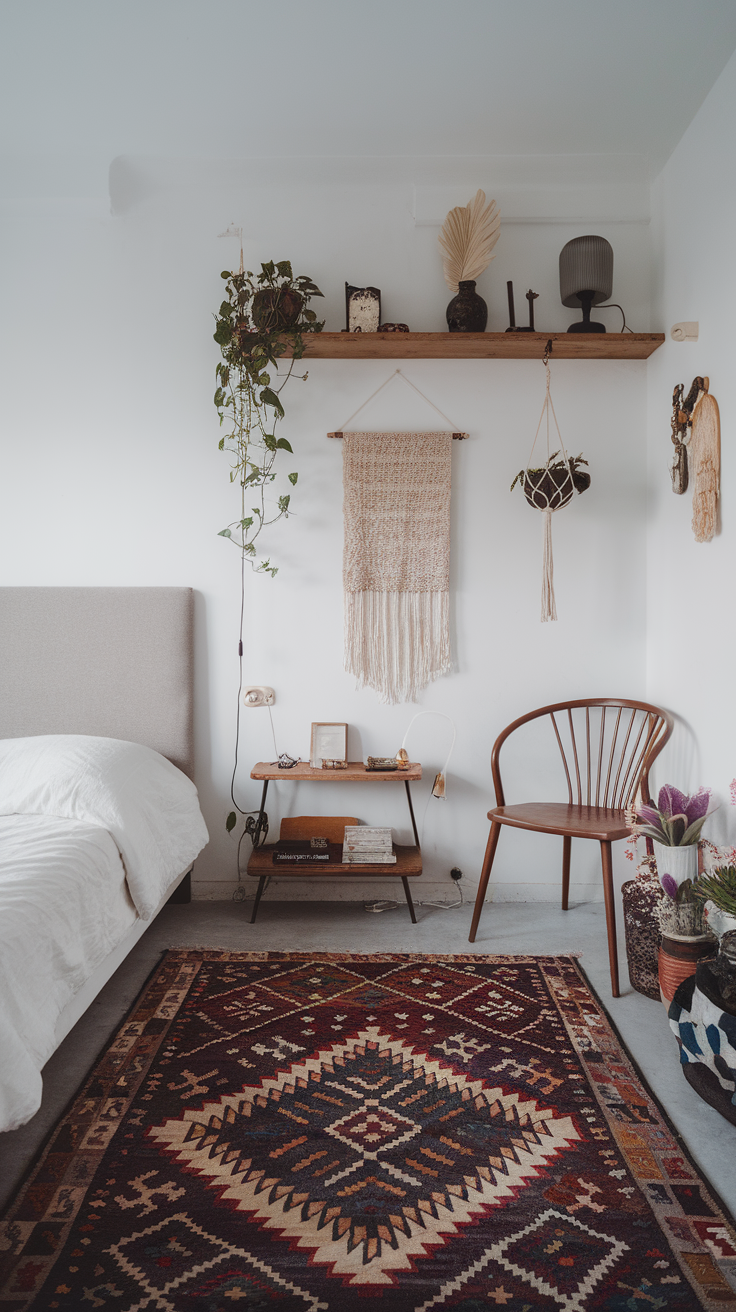 A minimalist bedroom featuring a patterned rug, plants, and eclectic wall decorations.