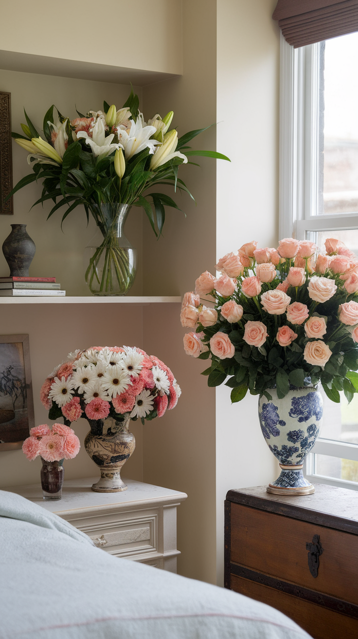 A cozy bedroom with floral arrangements in vases, featuring pink roses, white lilies, and cheerful daisies.