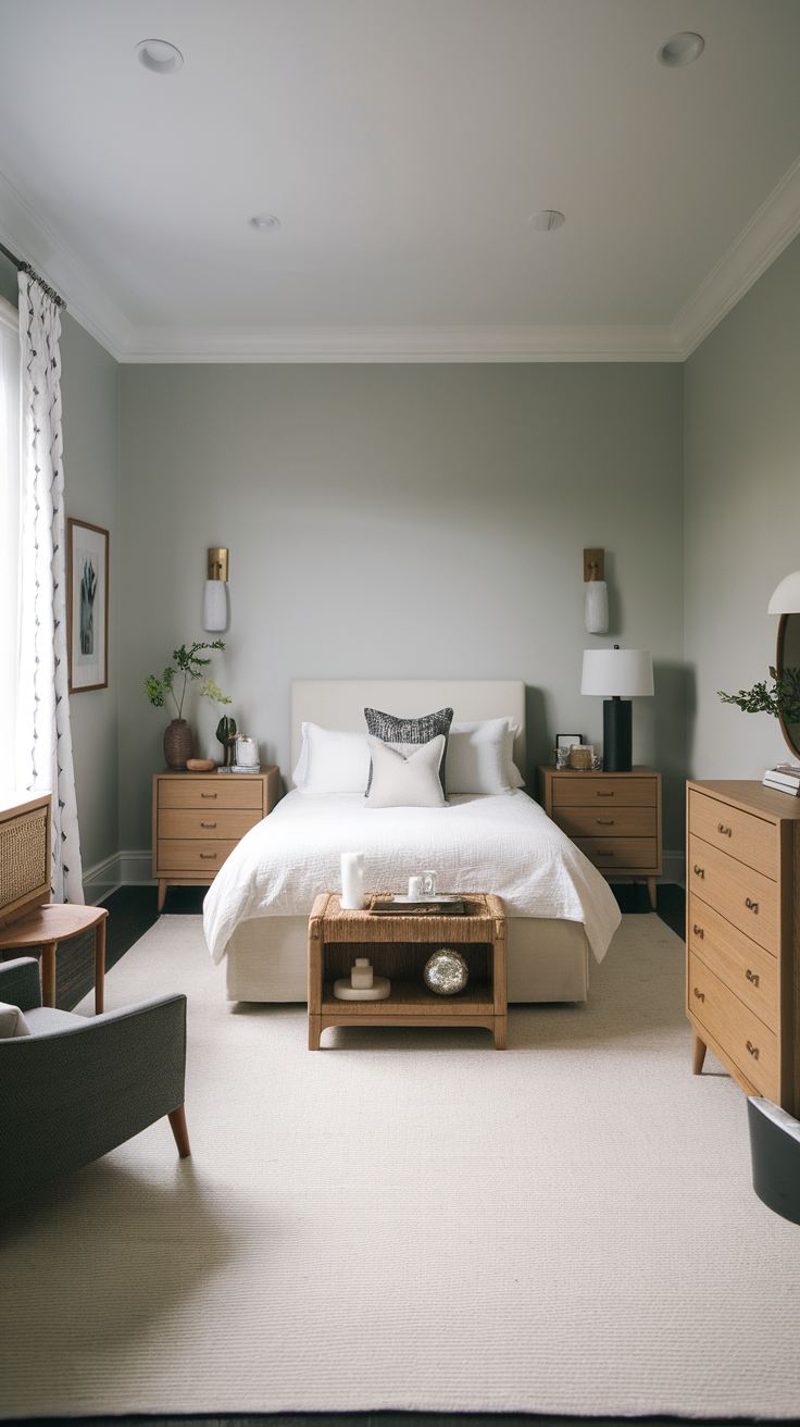 A minimalist bedroom featuring clean lines and functional furniture, including a cozy bed, simple nightstands, and a small coffee table.