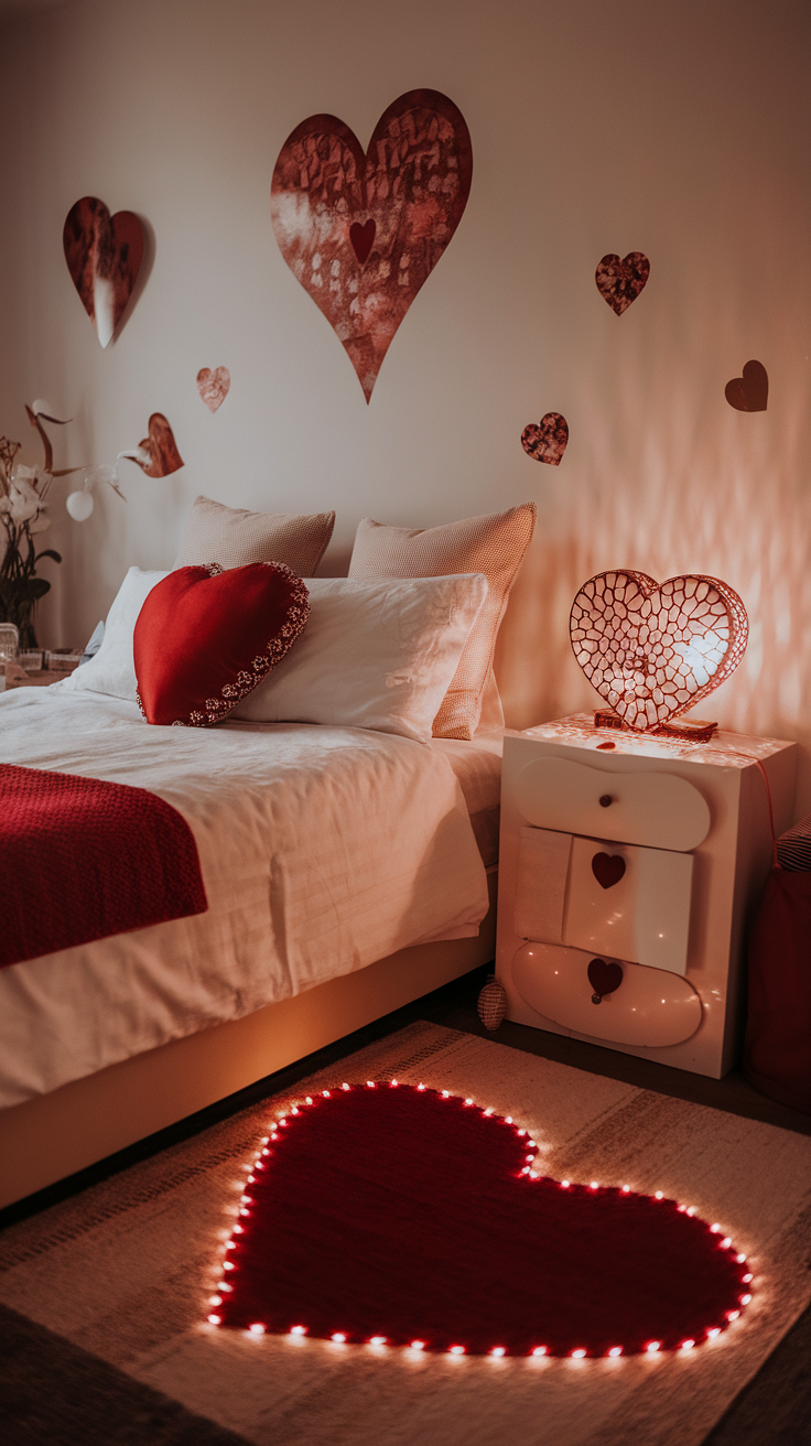 A cozy bedroom decorated with heart-shaped elements including a heart-shaped bed cushion, wall art, and a heart lamp.