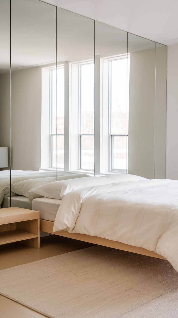 Minimalist bedroom featuring a large mirror reflecting natural light and a simple bed