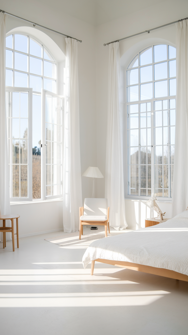 Bright minimalist bedroom with large windows and soft furnishings