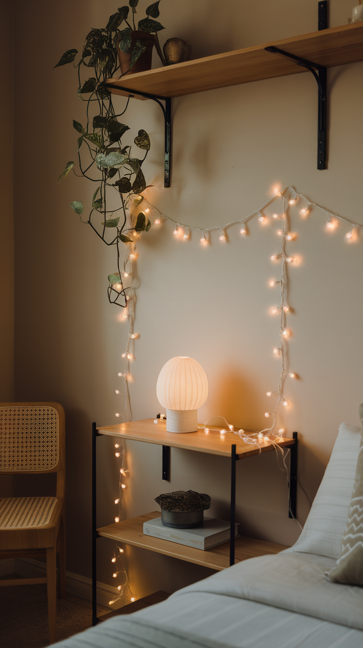 A cozy bedroom corner featuring fairy lights, a stylish lamp, and plants on a shelf.