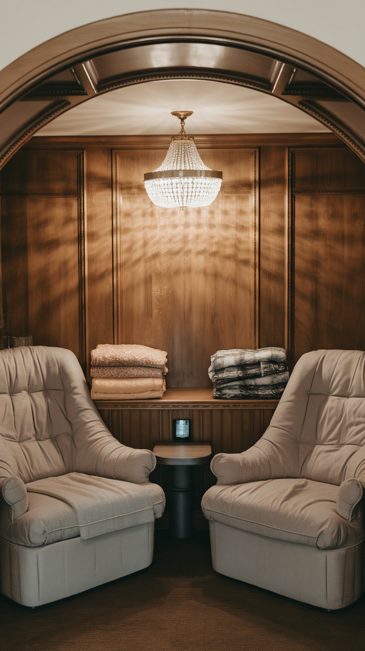 Cozy seating nook with two chairs, a chandelier, and neatly arranged blankets.