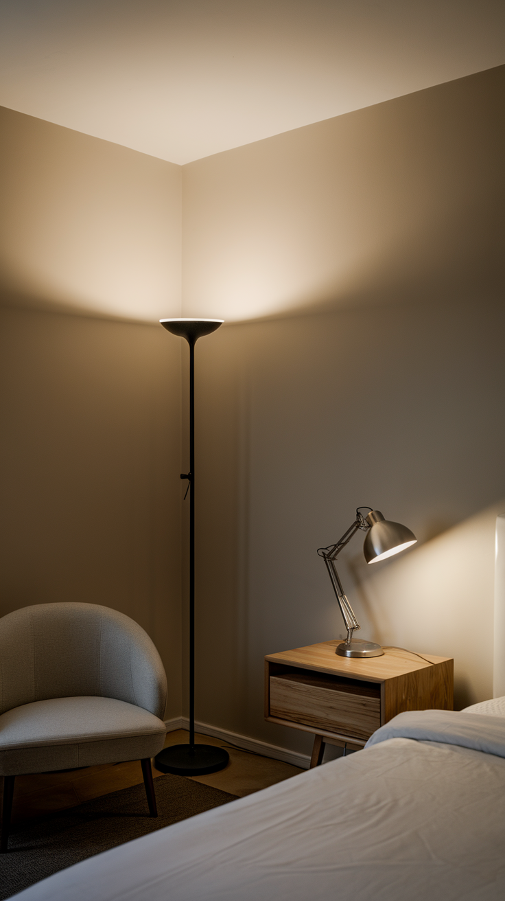 A minimalist bedroom featuring layered lighting with a floor lamp and a desk lamp, creating a warm and inviting atmosphere.