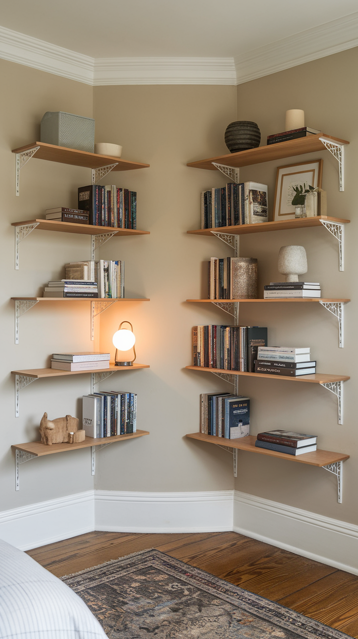 Corner of a bedroom with wooden floating shelves displaying books and decorative items.