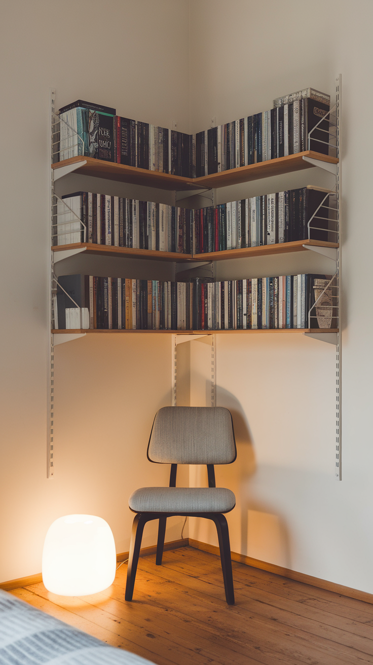 A minimalist reading nook with bookshelves, a chair, and a lamp.