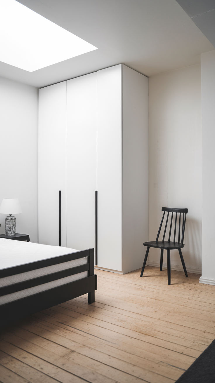 A minimalist bedroom with white walls, a black bed frame, and a wooden floor.