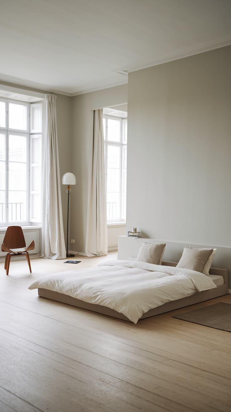 A minimalist bedroom featuring a low bed, large windows, and neutral decor.