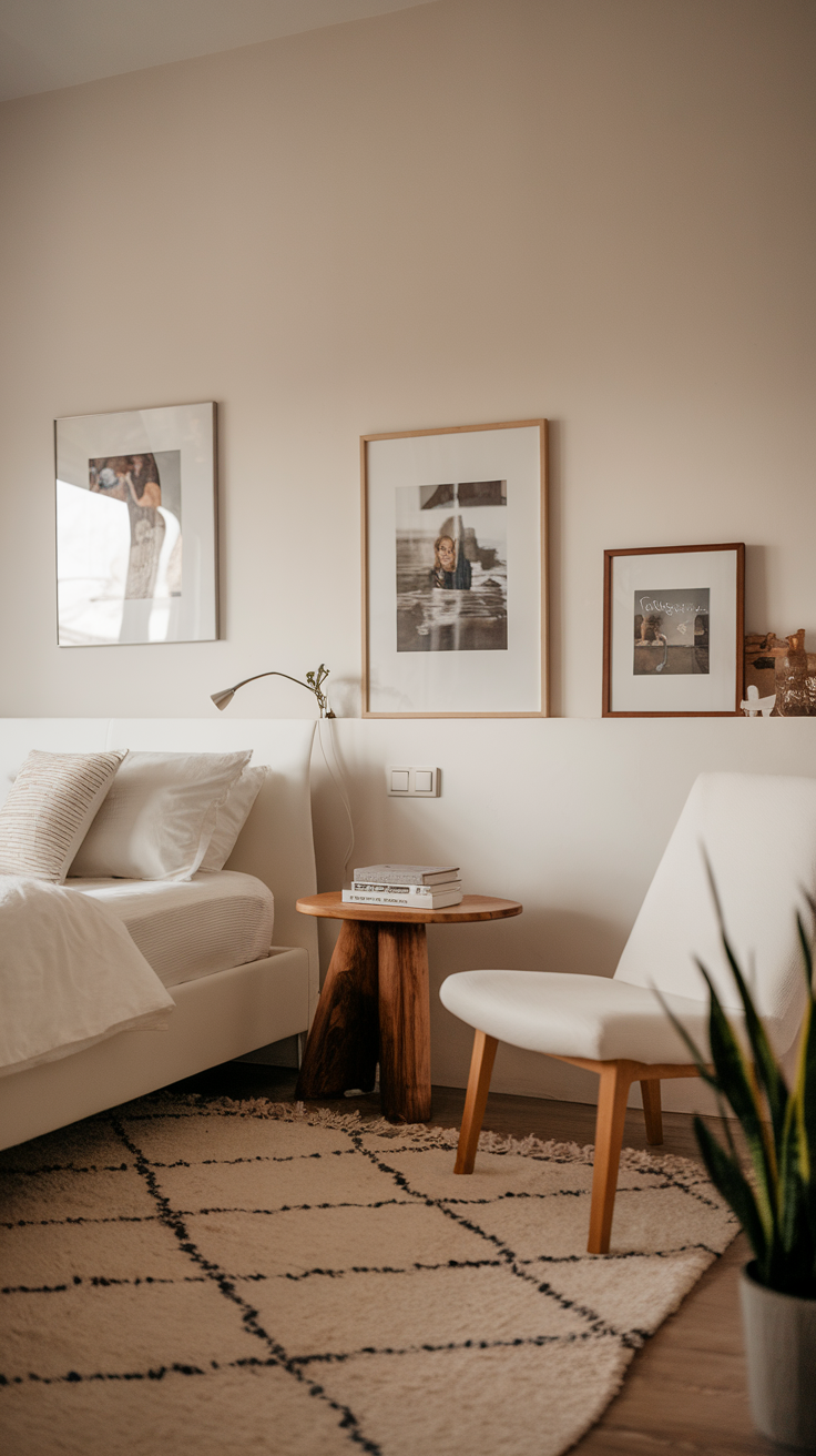 A minimalist bedroom featuring neutral colors, framed art on the walls, a comfortable chair, and a wooden side table.