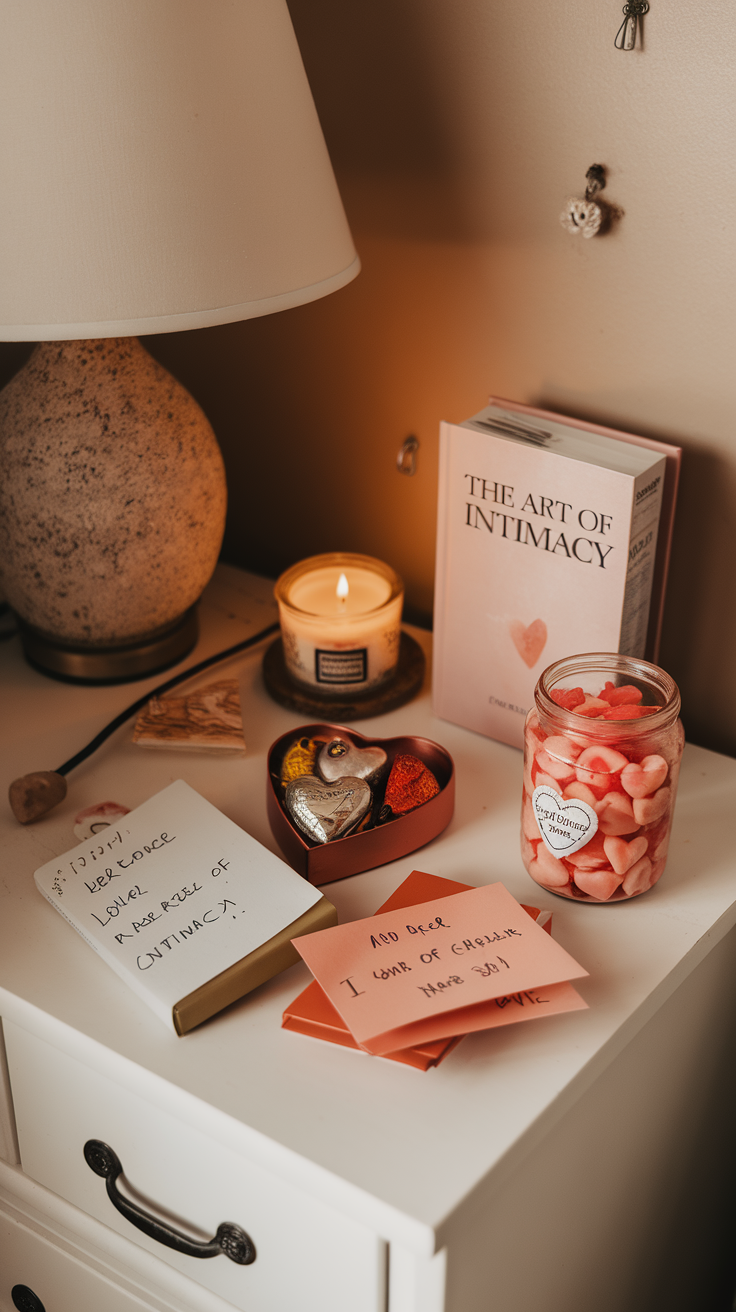 A cozy bedside table with love notes, a candle, and a jar of treats.