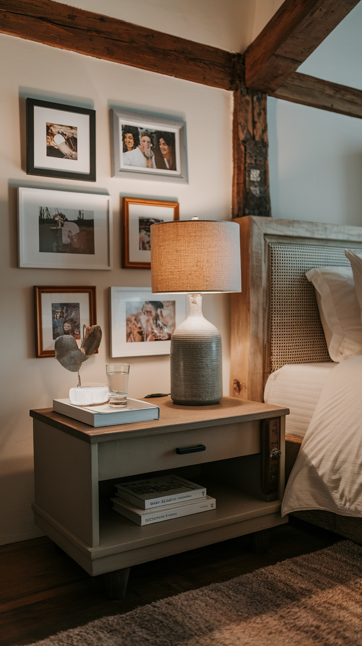 A cozy bedroom with framed photos on the wall and a stylish bedside table.