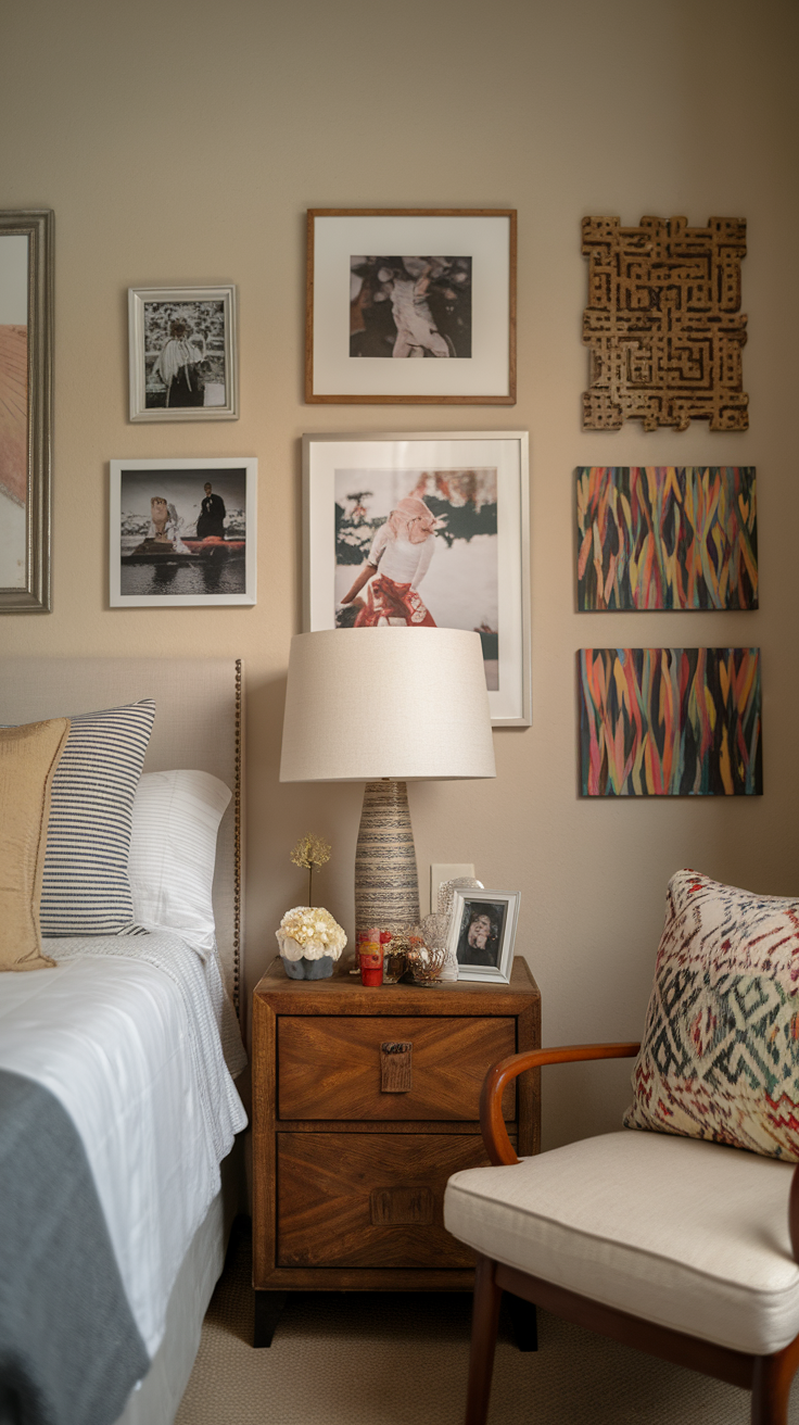 A cozy bedroom with a mix of framed wall art and photographs, showcasing personal touches and decor.