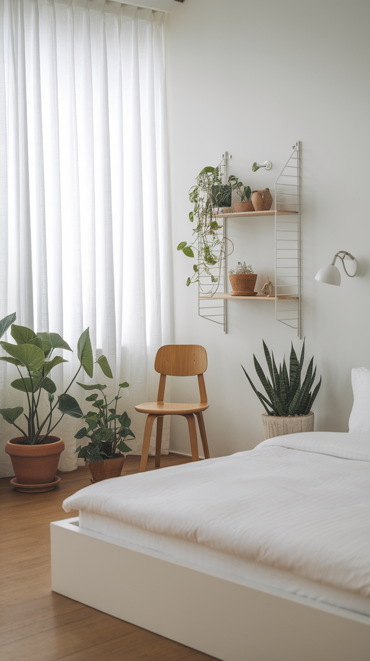 A minimalist bedroom featuring various indoor plants, a wooden chair, and soft natural light.