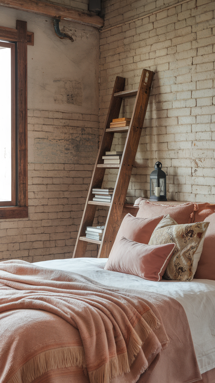 A cozy bedroom with a plush pink blanket and decorative pillows on a bed, a wooden ladder with books in the background, and a warm atmosphere.