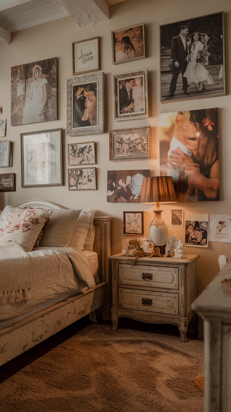 Cozy bedroom with romantic artwork displayed on the walls.