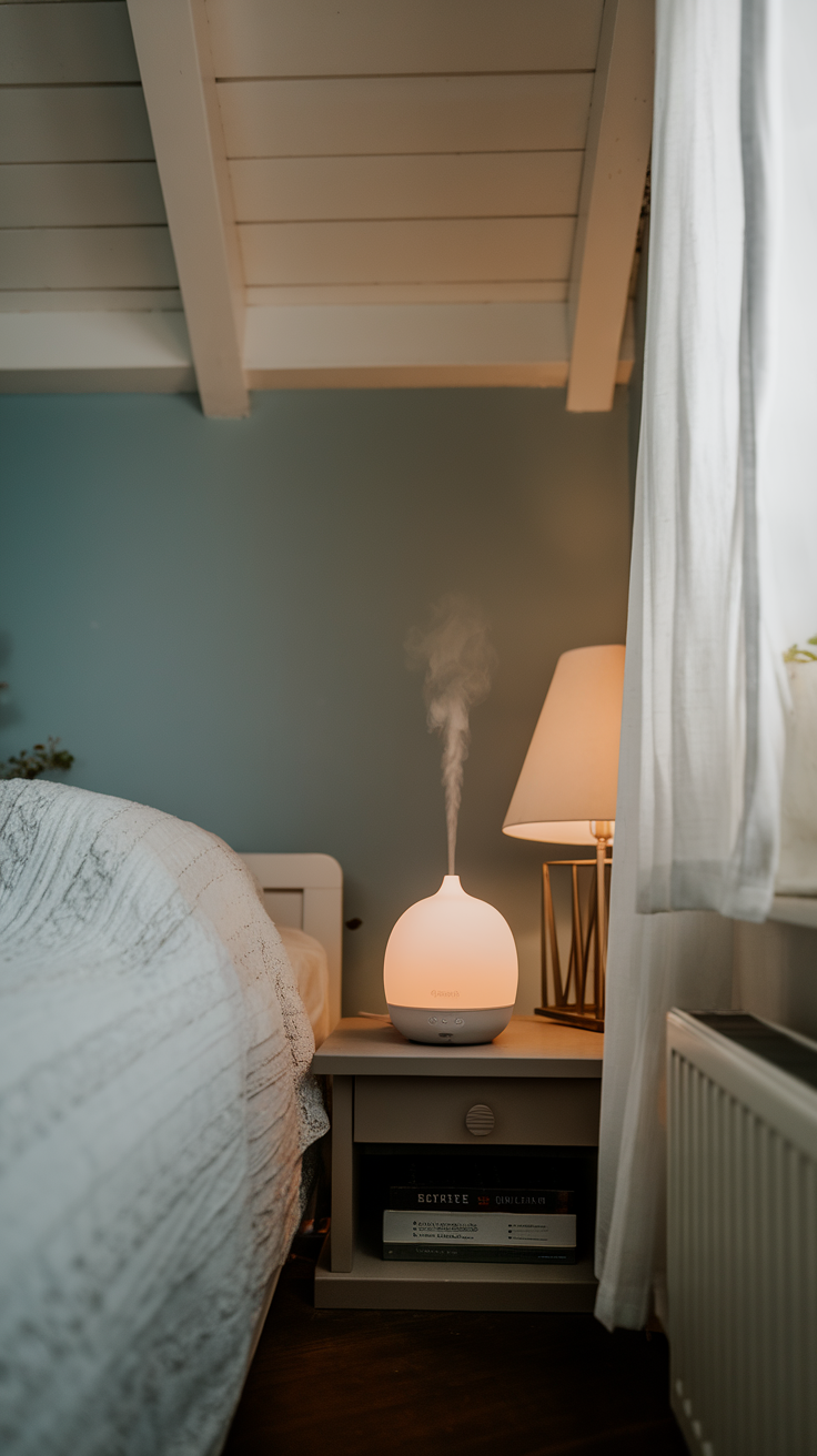 A cozy bedroom with an essential oil diffuser on a bedside table, emitting a gentle mist.