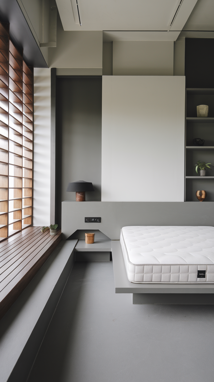 A minimalist bedroom featuring a platform bed, unique wooden window slats, and simple decor.