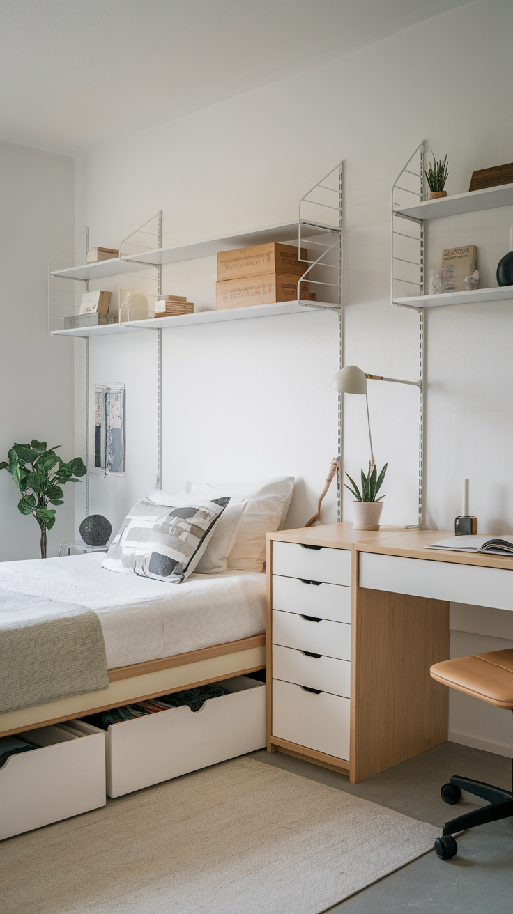 A minimalist bedroom featuring a bed with storage drawers, a desk, and open shelving.