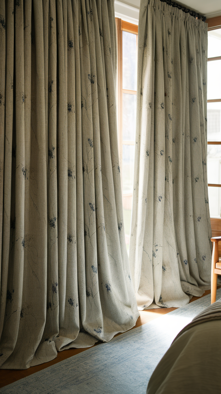 Soft curtain drapes with a floral design in a cozy bedroom setting