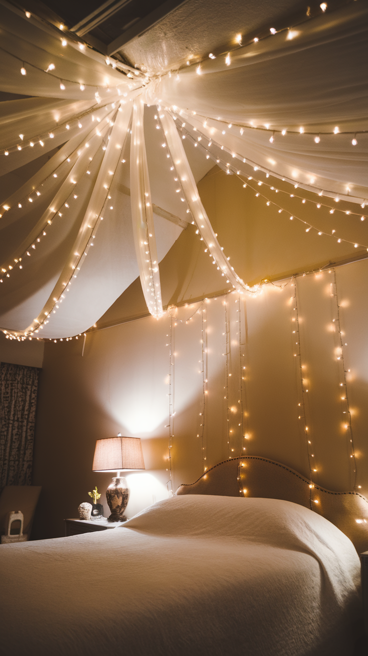 Bedroom with soft fairy lights overhead, creating a cozy atmosphere