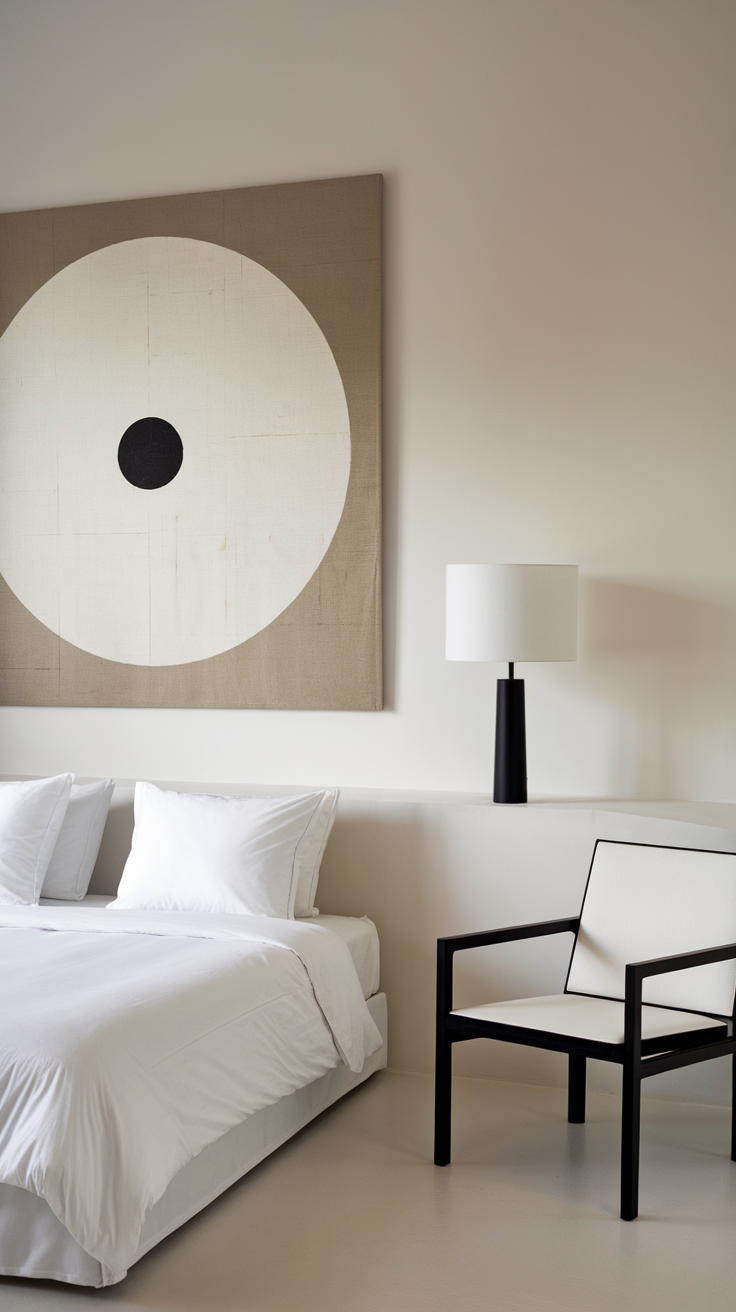 Minimalist bedroom with subtle geometric artwork on the wall