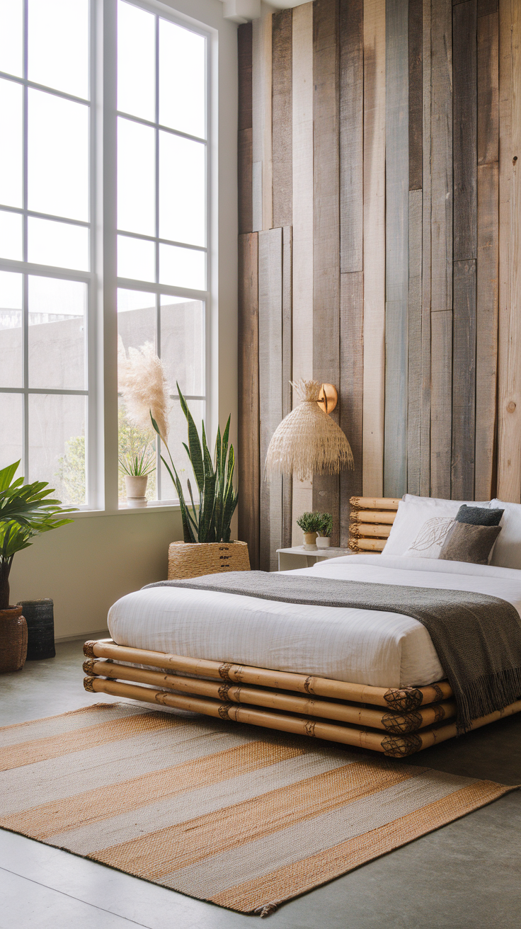 A minimalist bedroom with a wooden wall, bamboo bed frame, plants, and natural textiles.