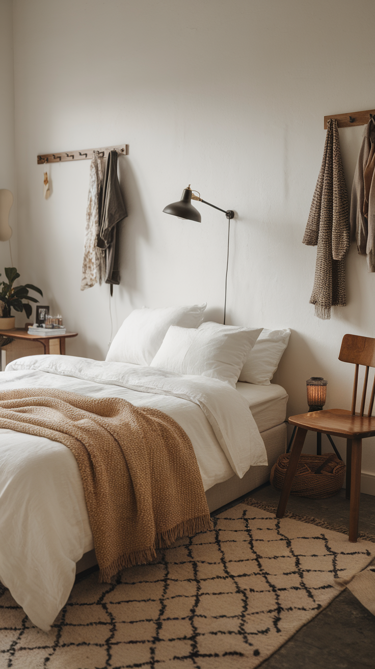 Minimalist bedroom with textured fabrics including a knitted throw and a cozy setup