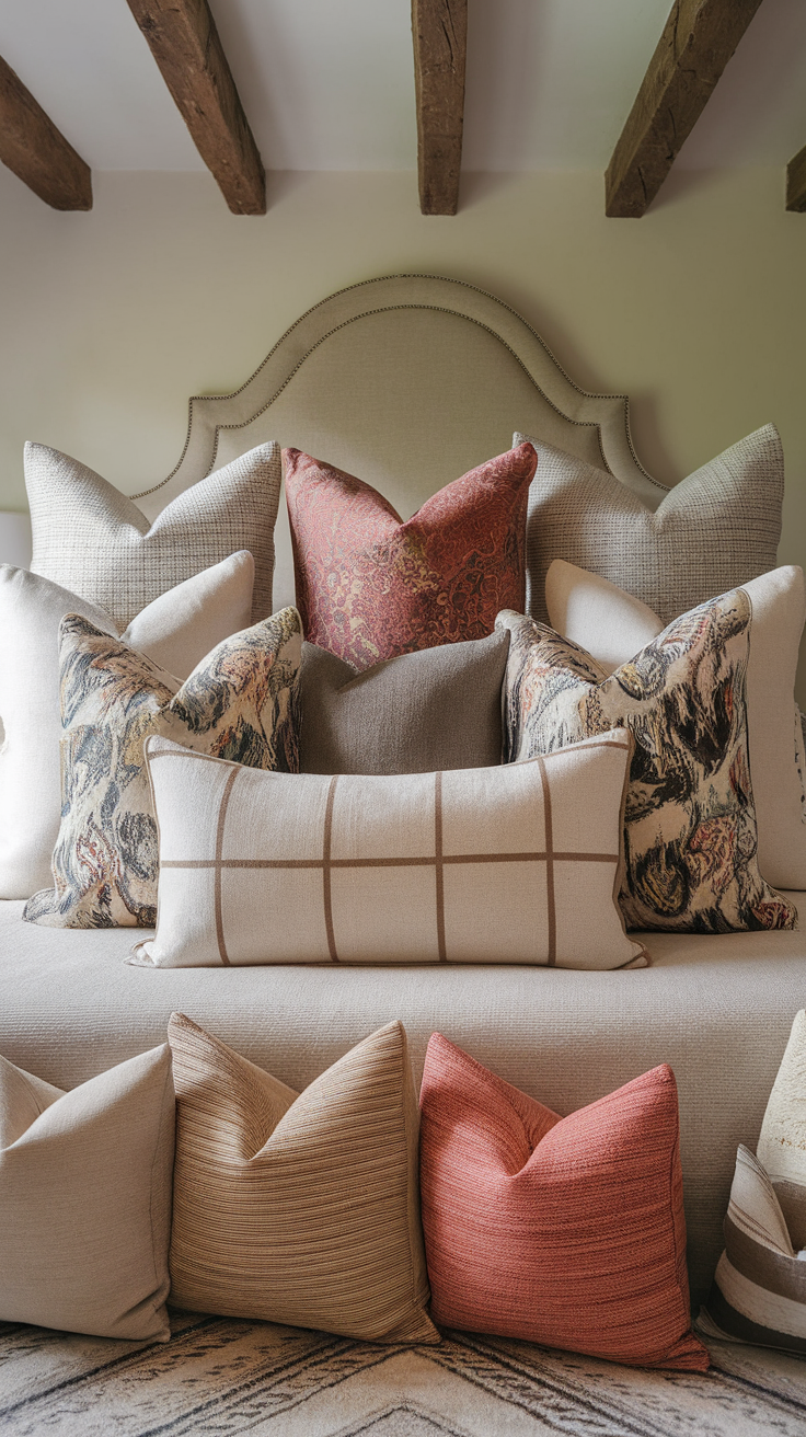 A collection of textured throw pillows in various colors and patterns, arranged on a bed, creating a cozy atmosphere.