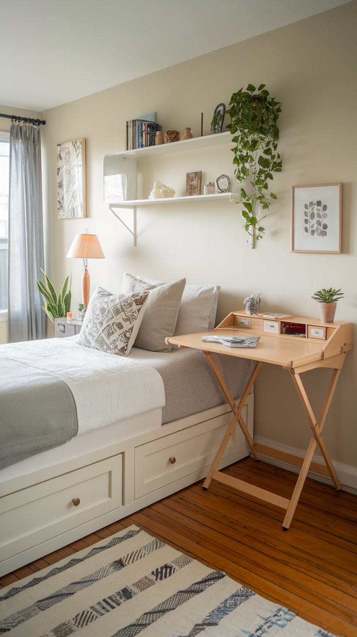 Cozy small bedroom with multi-functional furniture, including a bed with storage drawers and a folding desk.