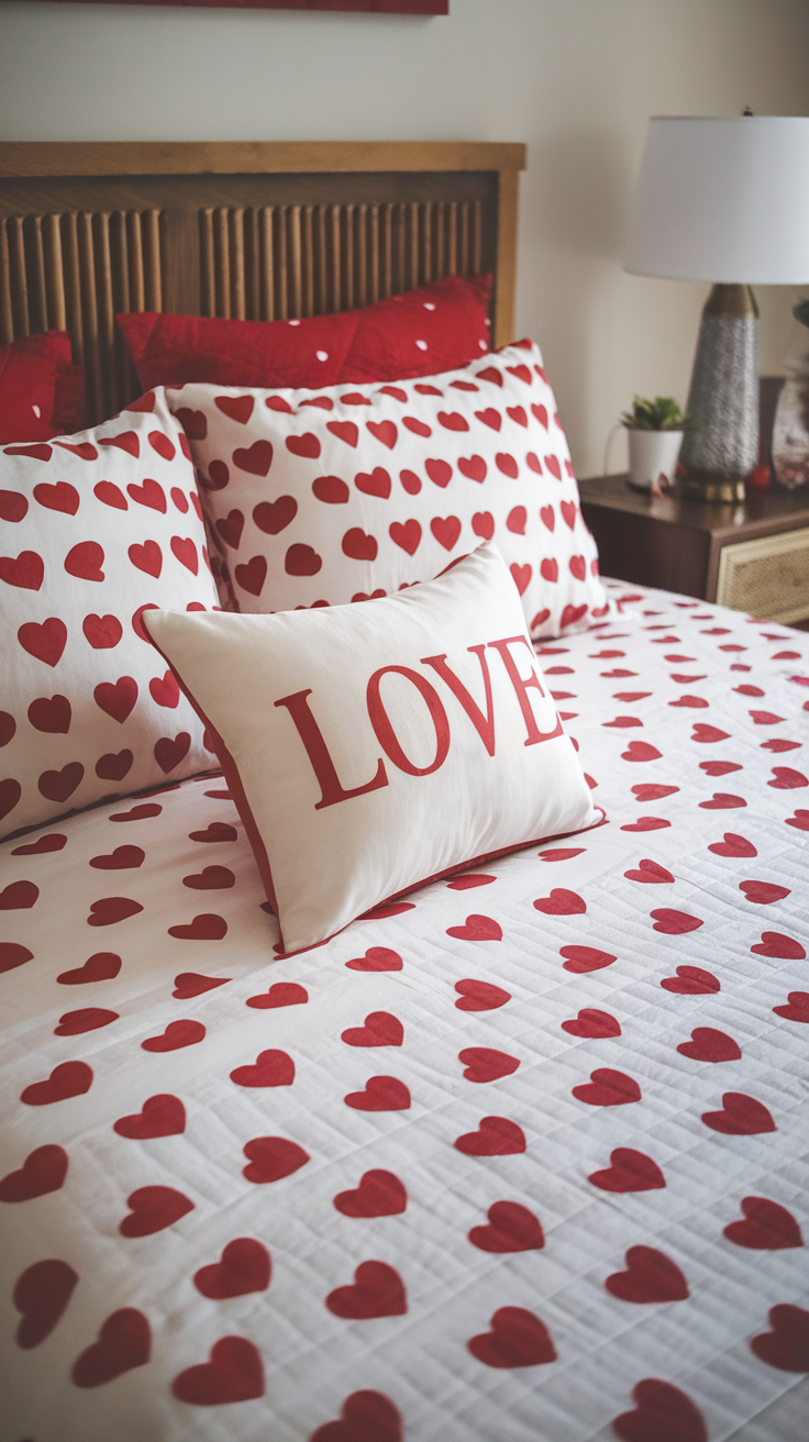 A cozy bed with red heart-patterned bedding and a pillow that says 'LOVE'