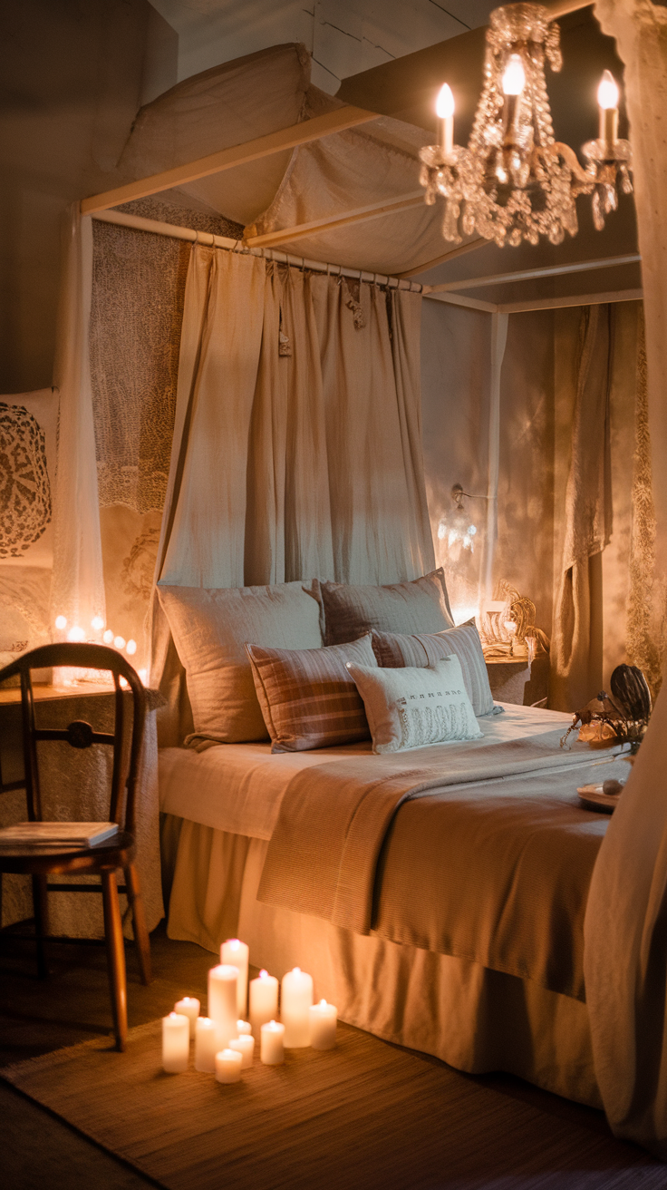 Cozy bedroom with warm candlelight accents, featuring a bed with soft linens and decorative pillows, surrounded by candles.