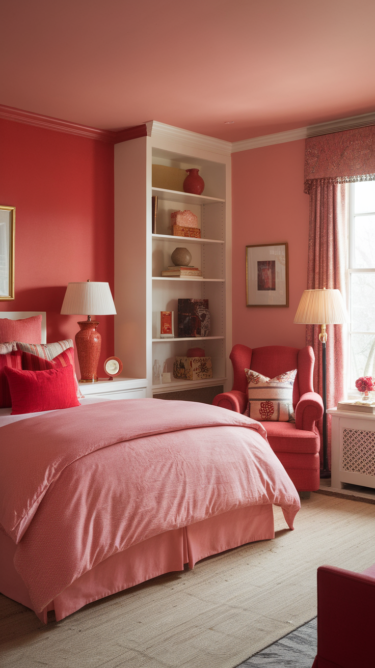 Cozy bedroom decorated in warm pink and red tones with inviting furnishings.