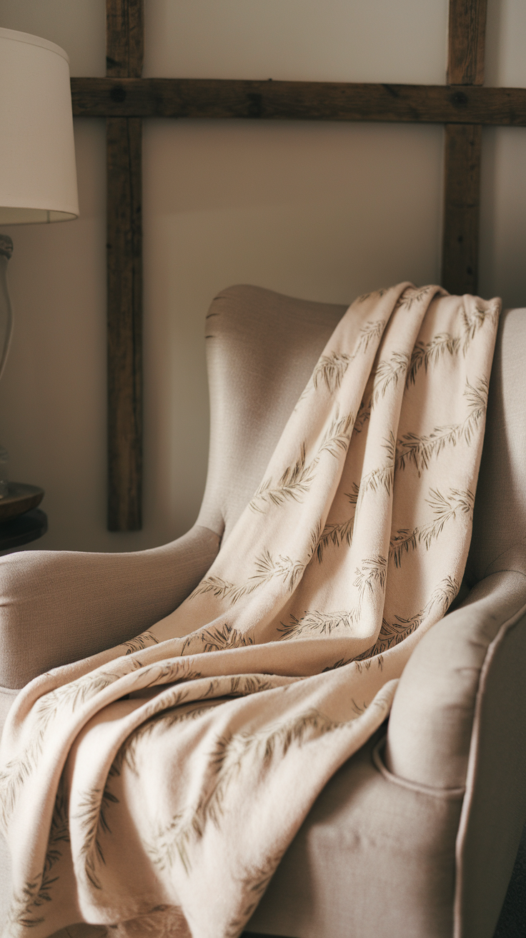 A warm throw blanket draped over an armchair in a cozy bedroom setting.