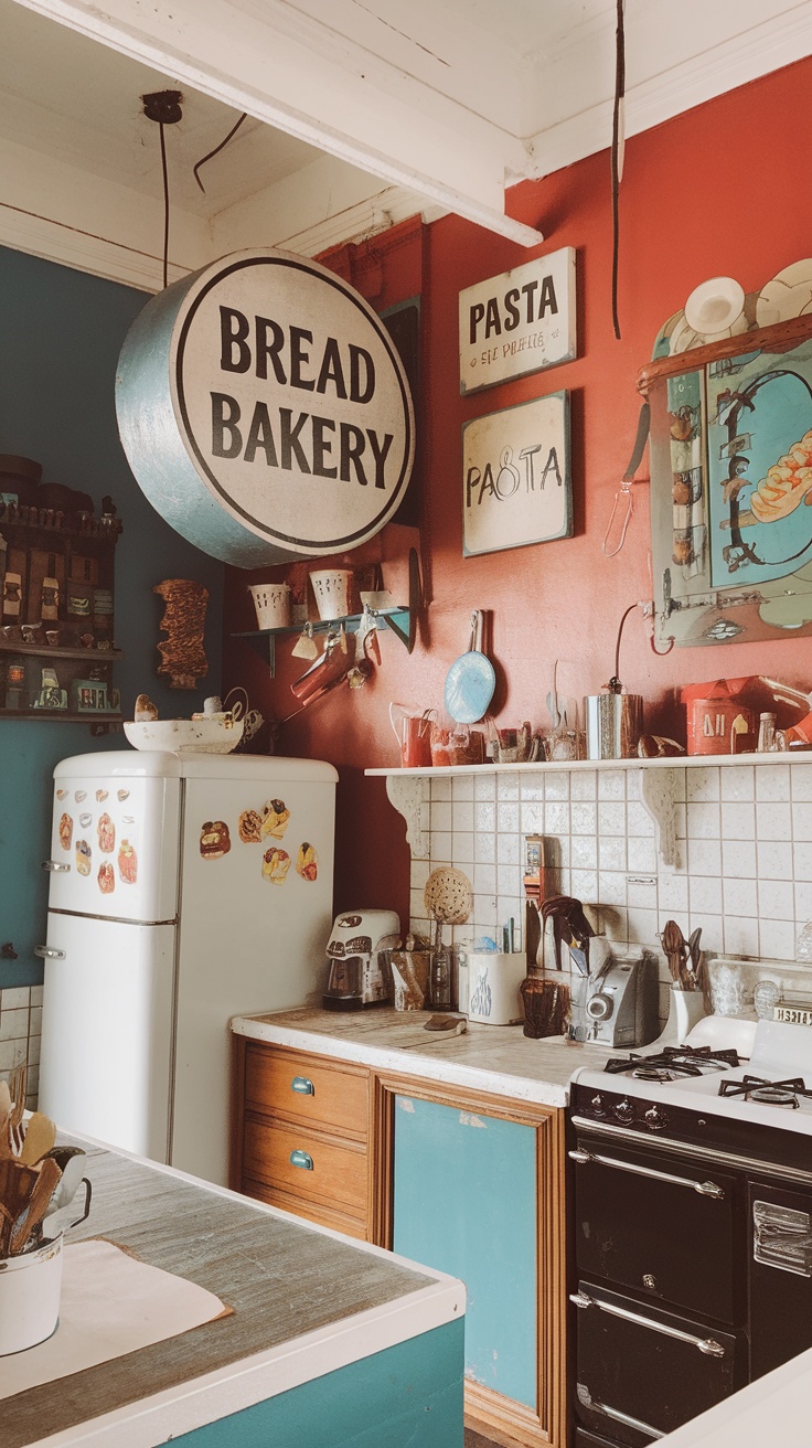 A colorful kitchen with wall art including a large sign that says 'BREAD BAKERY' and smaller signs displaying 'PASTA'.