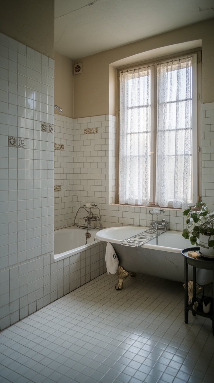 A rustic bathroom featuring lace curtains over a window, a vintage bathtub, and tiled walls.