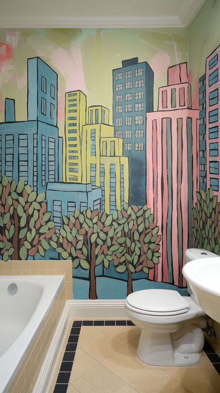 A small bathroom featuring a colorful wall mural of a cityscape with stylized buildings and trees.