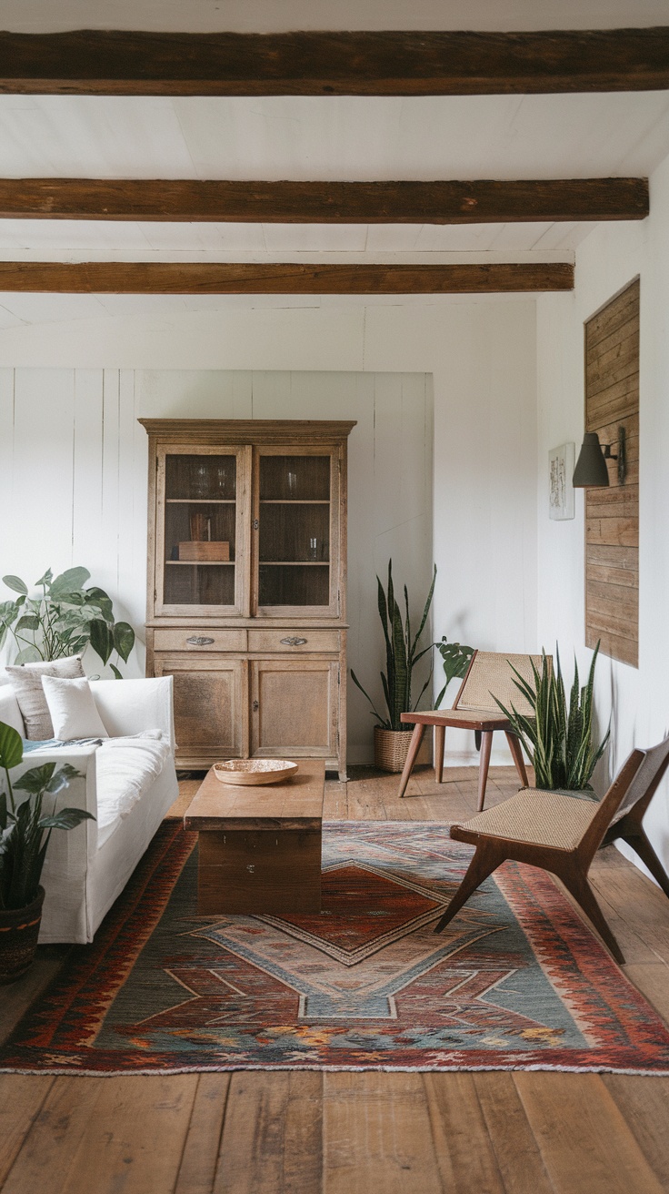 A stylish living room featuring vintage wooden furniture and modern decor