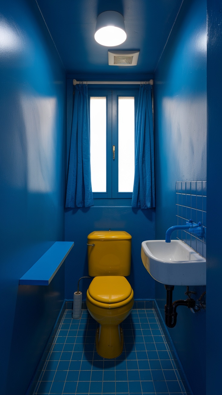 A small bathroom featuring vibrant blue walls and a yellow toilet, showcasing bold color choices.